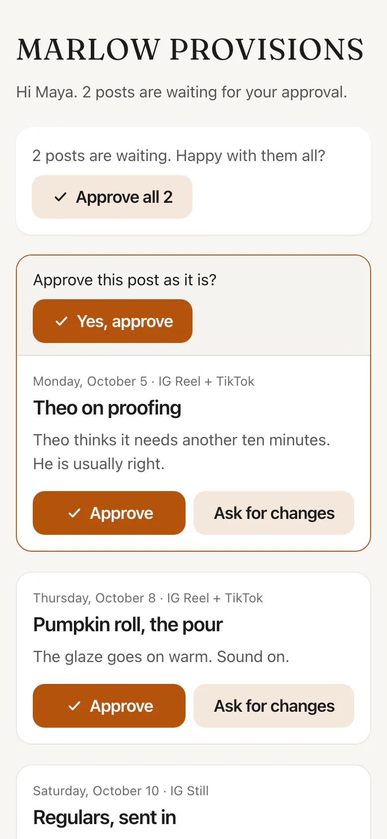 The approval page on a phone. Two Marlow Provisions posts are waiting, each with an Approve button.
