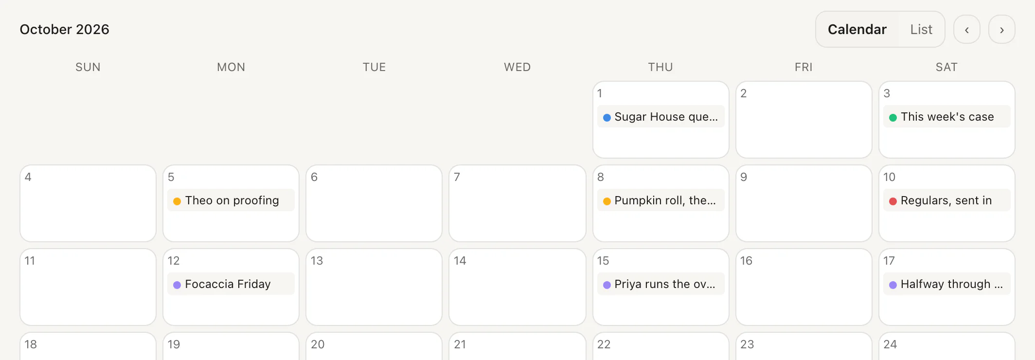 The Marlow Provisions content calendar for October, with a post on most Mondays, Thursdays and Saturdays, each marked with its status.