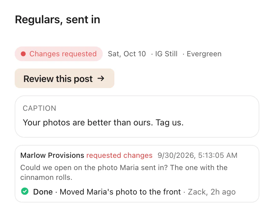 A post in the calendar with the client's note asking to open on a photo a customer sent in. Under it: Done, moved Maria's photo to the front.